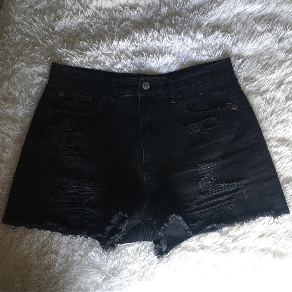 American Eagle Distressed Black Denim Mom Shorts
